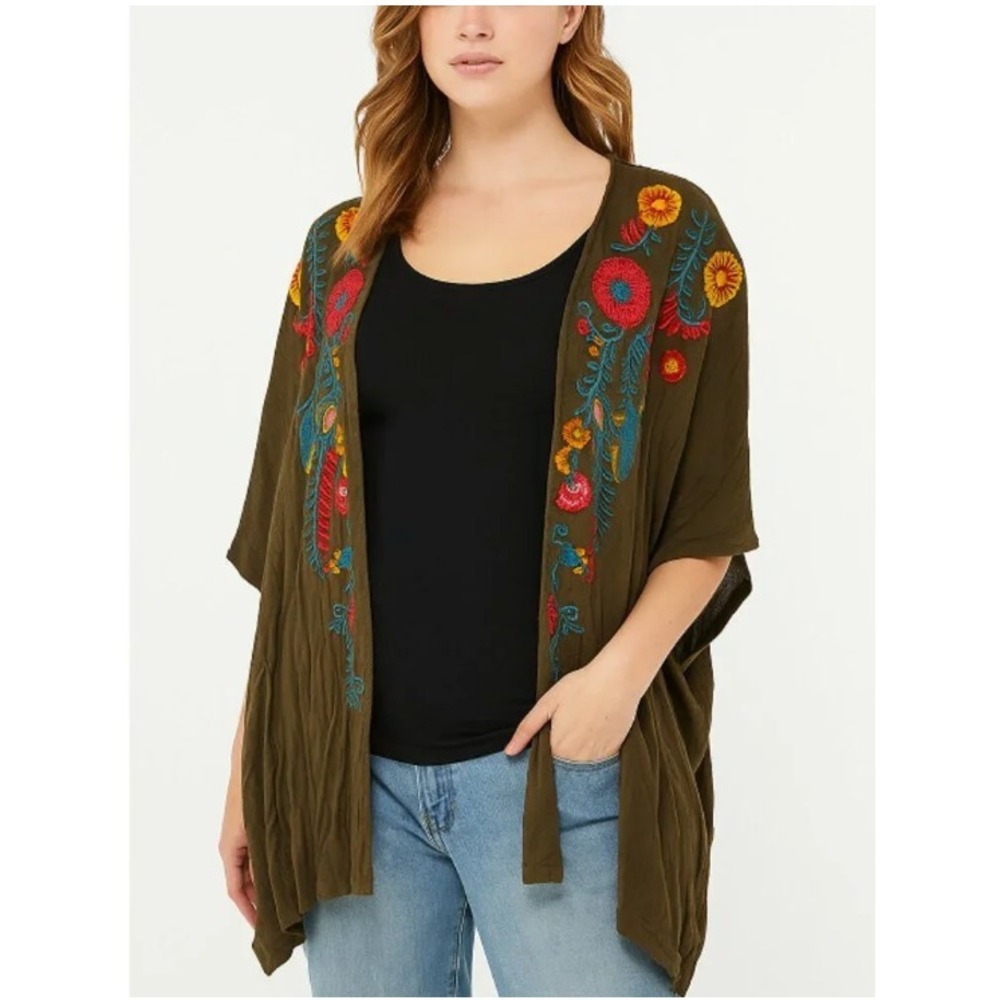 Umgee S/M‎ Green Kimono Top Floral Embroidered Open Front Festival Boho Beach